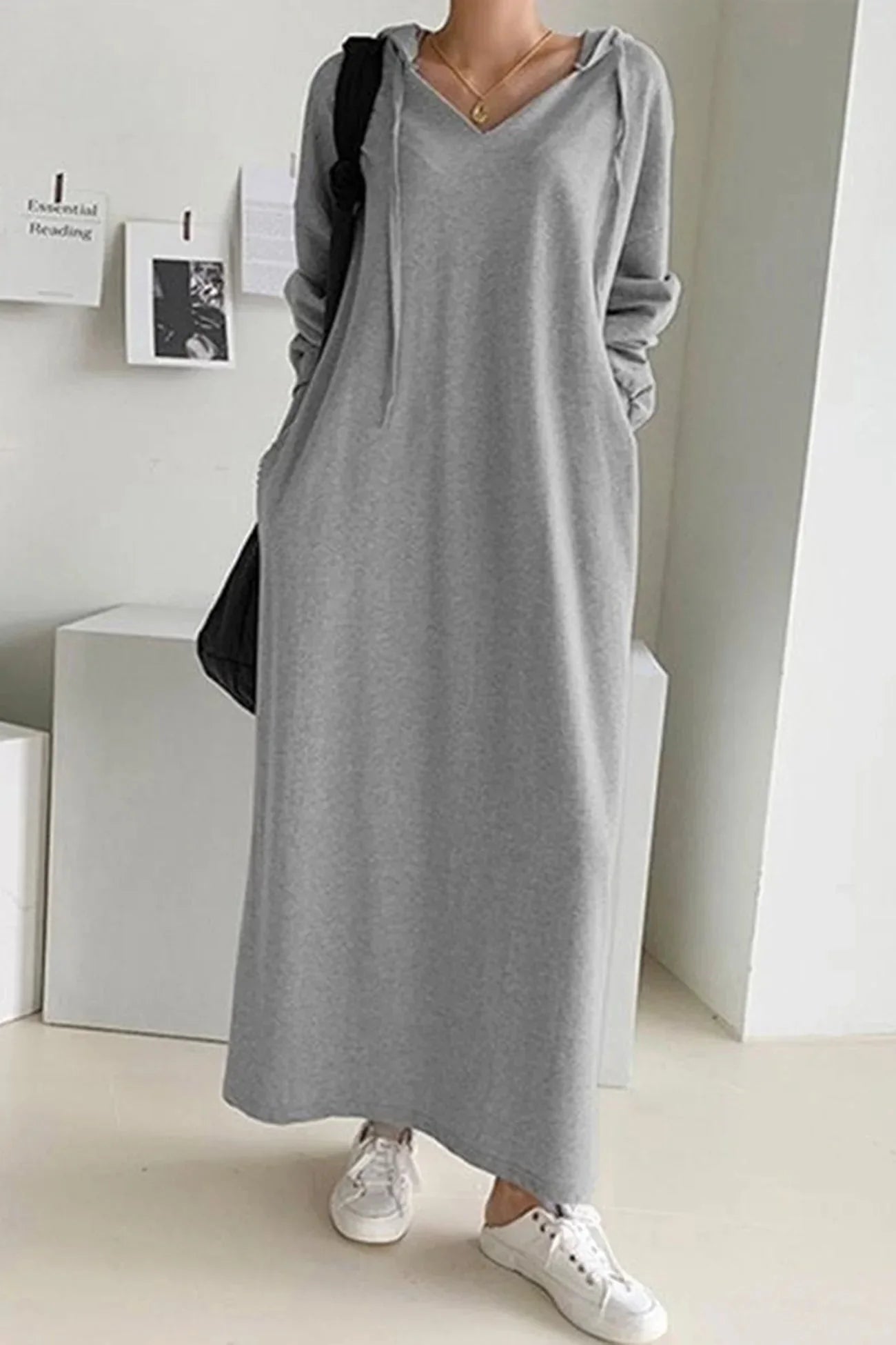 Hooded Drawstring V-Neck Dress